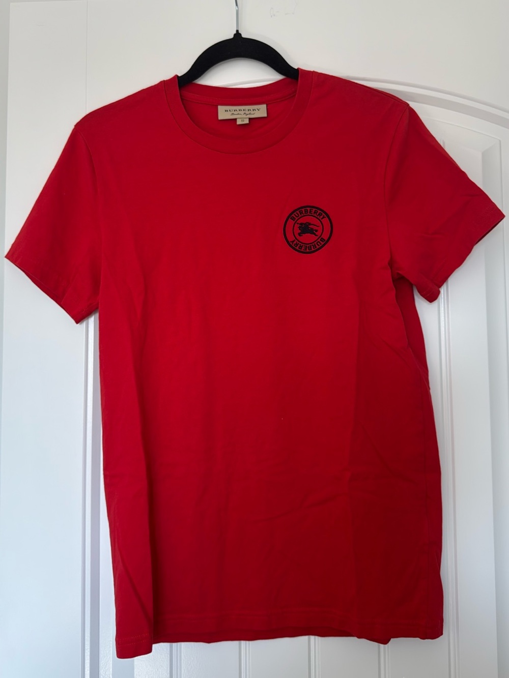Burberry Red Short-Sleeve Crew Neck with Black Logo Patch